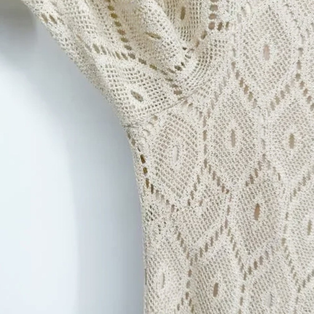 Boho Crochet Lace Dress Cream Diamond Motif 3/4 Sleeve 10P Hippie Mod - Picture 7 of 10